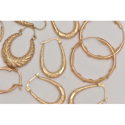 55 - AN ASSORTMENT OF 9CT GOLD AND YELLOW METAL CREOLE AND HOOP EARRINGS, to include a pair of 9ct yellow... 