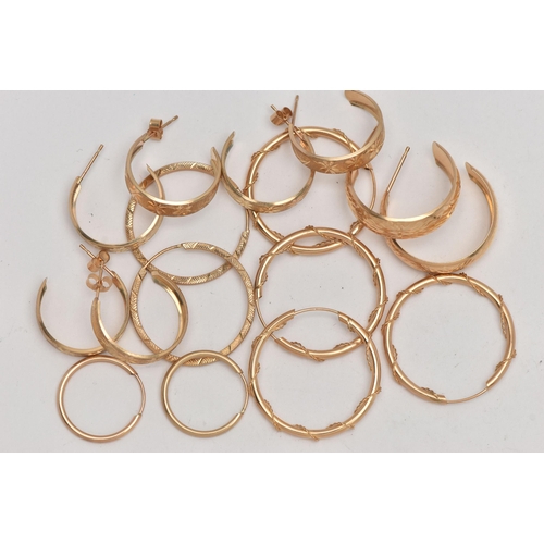 56 - AN ASSORTMENT OF YELLOW METAL HOOP EARRINGS, to include four pairs of hollow earrings with sleeper f... 