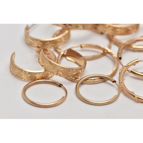 56 - AN ASSORTMENT OF YELLOW METAL HOOP EARRINGS, to include four pairs of hollow earrings with sleeper f... 