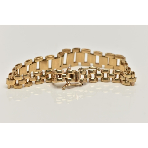 59 - A 9CT GOLD ITALIAN BRACELET, graduated brick link bracelet, fitted with a push pin clasp and two saf... 