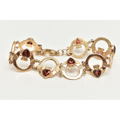 60 - A 9CT GOLD AND GARNET CLADDAGH BRACELET, nine circular claddagh links, each set with a heart cut gar... 