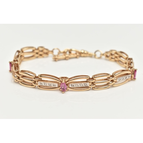 61 - A 9CT GOLD DIAMOND AND RUBY BRACELET, a gate and brick link style bracelet, set with twenty single c... 