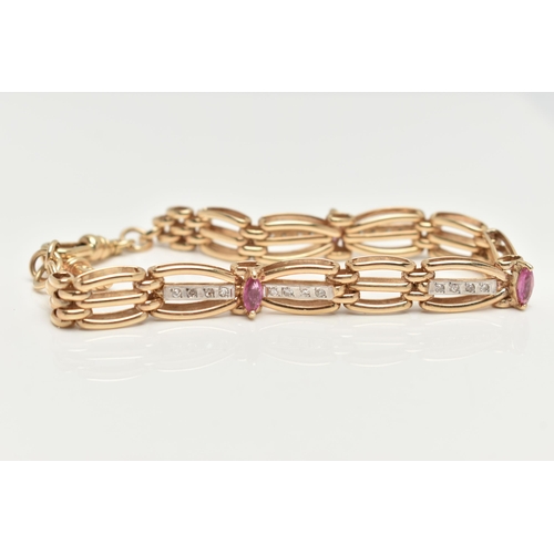 61 - A 9CT GOLD DIAMOND AND RUBY BRACELET, a gate and brick link style bracelet, set with twenty single c... 