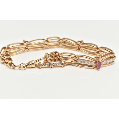 61 - A 9CT GOLD DIAMOND AND RUBY BRACELET, a gate and brick link style bracelet, set with twenty single c... 