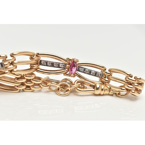 61 - A 9CT GOLD DIAMOND AND RUBY BRACELET, a gate and brick link style bracelet, set with twenty single c... 