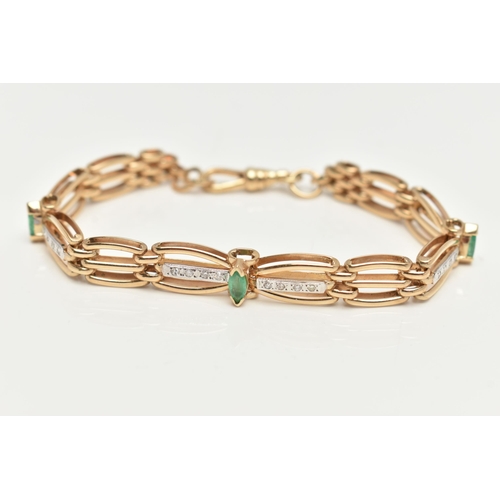 62 - A 9CT GOLD DIAMOND AND EMERALD BRACELET, a gate and brick link style bracelet, set with sixteen sing... 