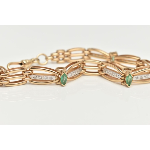 62 - A 9CT GOLD DIAMOND AND EMERALD BRACELET, a gate and brick link style bracelet, set with sixteen sing... 