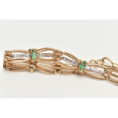 62 - A 9CT GOLD DIAMOND AND EMERALD BRACELET, a gate and brick link style bracelet, set with sixteen sing... 