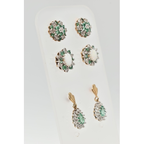 64 - THREE PAIRS OF GEM SET EARRINGS, to include a pair of opal, diamond and emerald cluster stud earring... 