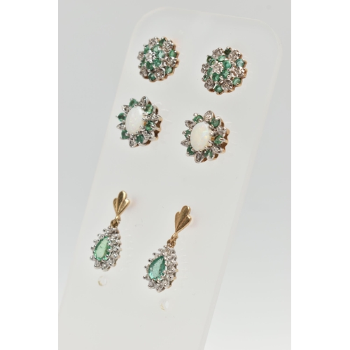 64 - THREE PAIRS OF GEM SET EARRINGS, to include a pair of opal, diamond and emerald cluster stud earring... 