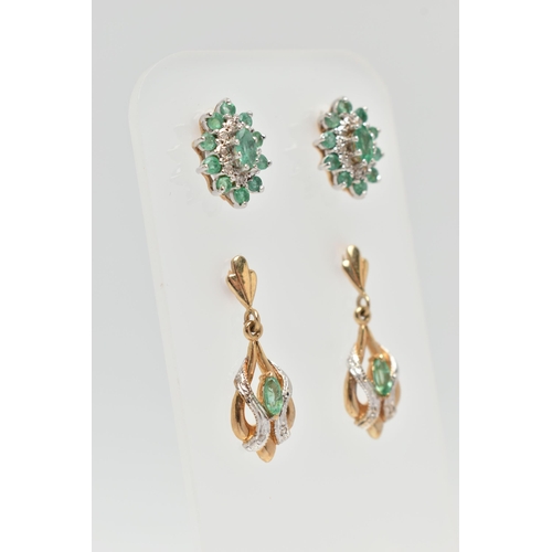 65 - TWO PAIRS OF GEM SET EARRINGS, the first a pair of 9ct gold emerald and diamond cluster earrings, ha... 