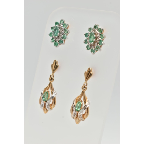 65 - TWO PAIRS OF GEM SET EARRINGS, the first a pair of 9ct gold emerald and diamond cluster earrings, ha... 