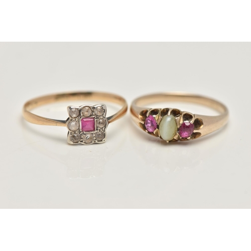 71 - TWO GEM SET RINGS, the first designed as a central square ruby within a colourless sapphire surround... 