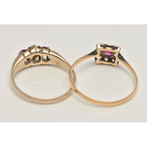 71 - TWO GEM SET RINGS, the first designed as a central square ruby within a colourless sapphire surround... 