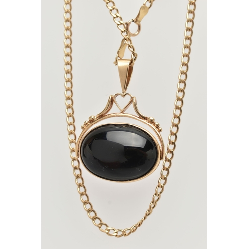 75 - A SWIVEL FOB AND CHAIN, the fob designed as an oval agate cabochon and onyx cabochon, to the grip wi... 