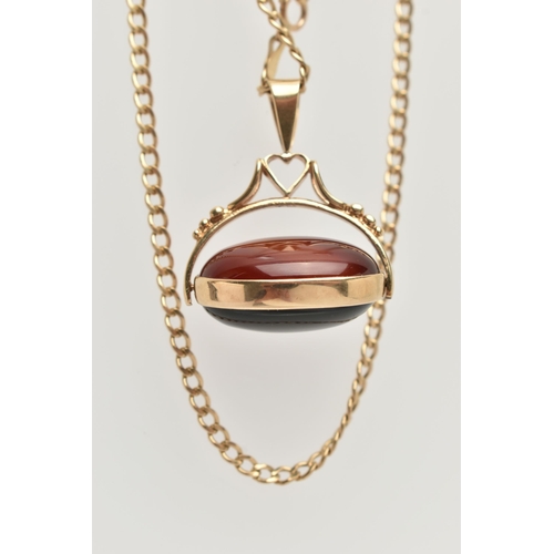 75 - A SWIVEL FOB AND CHAIN, the fob designed as an oval agate cabochon and onyx cabochon, to the grip wi... 