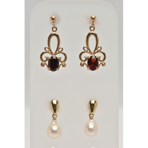 79 - TWO PAIRS OF GEM EARRINGS, the first designed as a cultured pearl drop suspended from a pear shape s... 