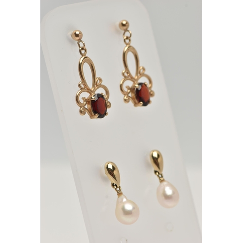 79 - TWO PAIRS OF GEM EARRINGS, the first designed as a cultured pearl drop suspended from a pear shape s... 