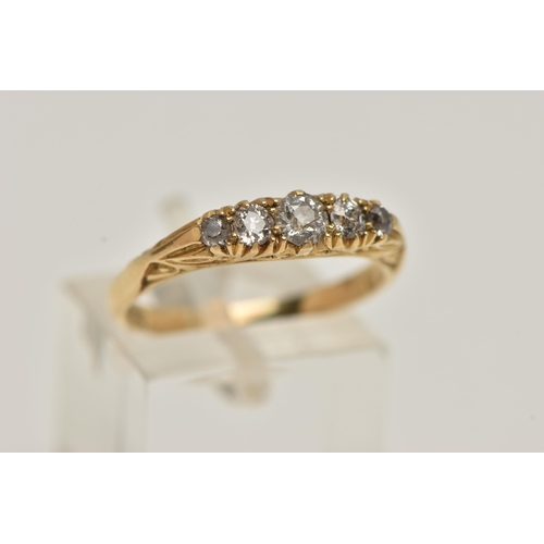 8 - A FIVE STONE DIAMOND RING, yellow metal ring, set with five old cut diamonds, approximate total diam... 