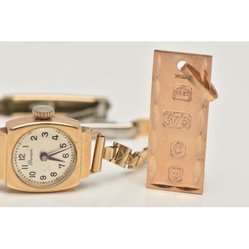 83 - A 9CT GOLD INGOT PENDANT AND 9CT GOLD WATCH, a 9ct ingot style pendant, hallmarked 9ct London, appro... 