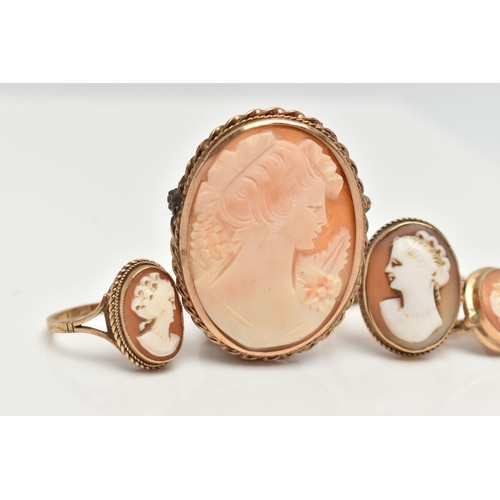 84 - AN ASSORTMENT OF CAMEO JEWELLERY, to include two yellow metal shell cameo rings, both stamped 9ct, a... 