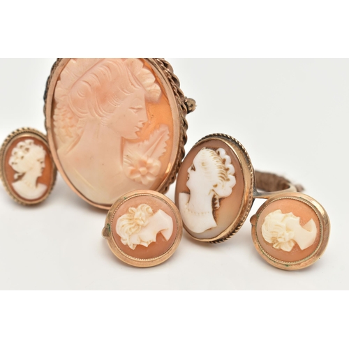 84 - AN ASSORTMENT OF CAMEO JEWELLERY, to include two yellow metal shell cameo rings, both stamped 9ct, a... 