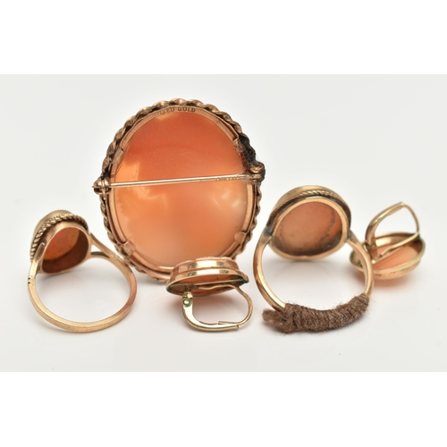 84 - AN ASSORTMENT OF CAMEO JEWELLERY, to include two yellow metal shell cameo rings, both stamped 9ct, a... 