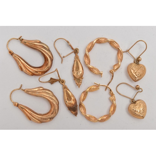 85 - AN ASSORTMENT OF 9CT GOLD AND YELLOW METAL EARRINGS, to include a pair of heart drop earrings, hallm... 