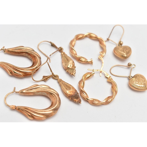 85 - AN ASSORTMENT OF 9CT GOLD AND YELLOW METAL EARRINGS, to include a pair of heart drop earrings, hallm... 