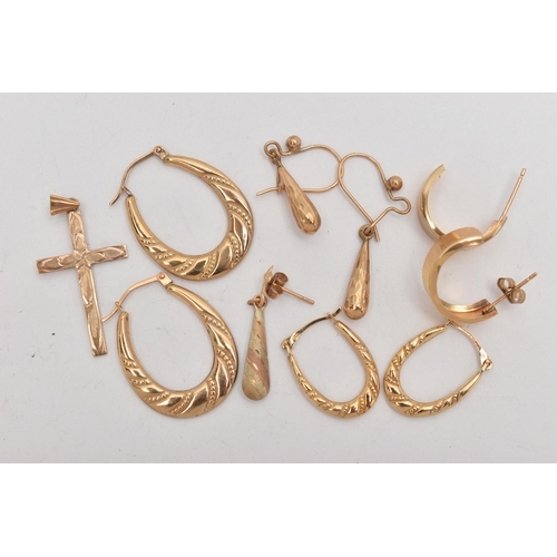 86 - AN ASSORTMENT OF 9CT GOLD AND YELLOW METAL JEWELLERY, to include a 9ct gold cross pendant, hallmarke... 