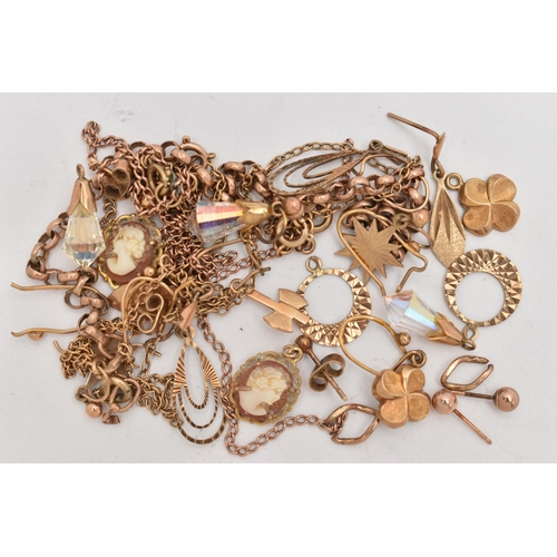 87 - AN ASSORTMENT OF YELLOW METAL EARRINGS AND CHAIN, broken earrings and chain, some stamped 9ct, appro... 