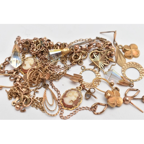 87 - AN ASSORTMENT OF YELLOW METAL EARRINGS AND CHAIN, broken earrings and chain, some stamped 9ct, appro... 