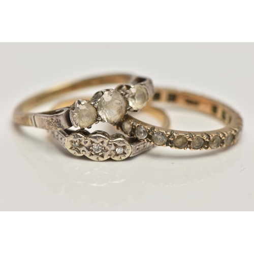 89 - THREE RINGS, the first a three stone diamond ring, shank stamped 18ct platinum, approximate gross we... 