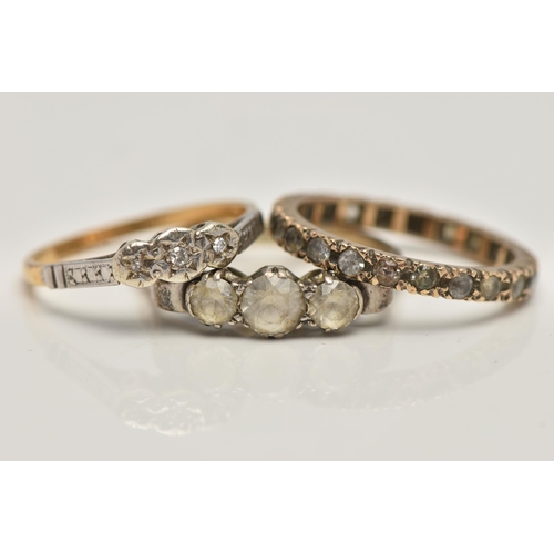 89 - THREE RINGS, the first a three stone diamond ring, shank stamped 18ct platinum, approximate gross we... 