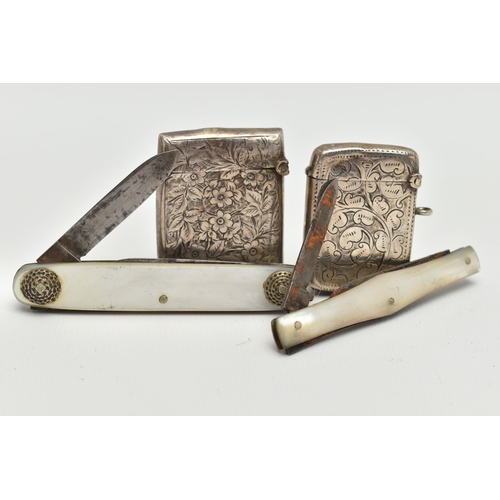 116 - TWO SILVER VESTAS AND TWO MOTHER OF PEARL FRUIT KNIVES, both vestas etched with foliage detail, both... 