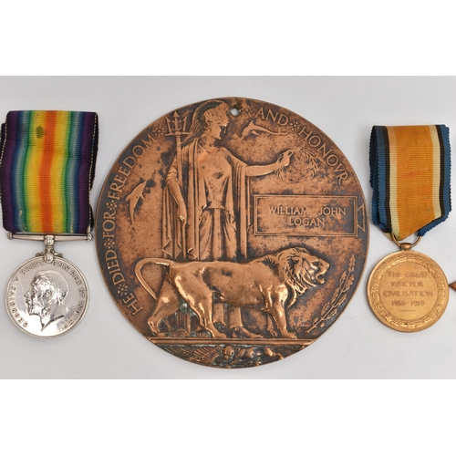 124 - A WWI DEATH PLAQUE AND MEDALS, issued to William John Logan, together with three medals all issued t... 