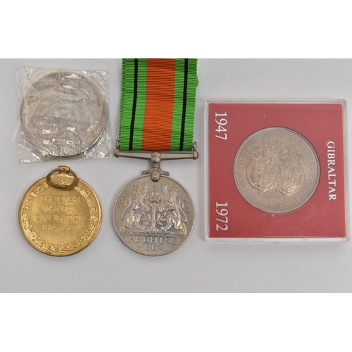 130 - TWO COMMEMORATIVES AND TWO MEDALS, to include a cased 'Gibraltar 1947-1972' commemorative, a Churchi... 