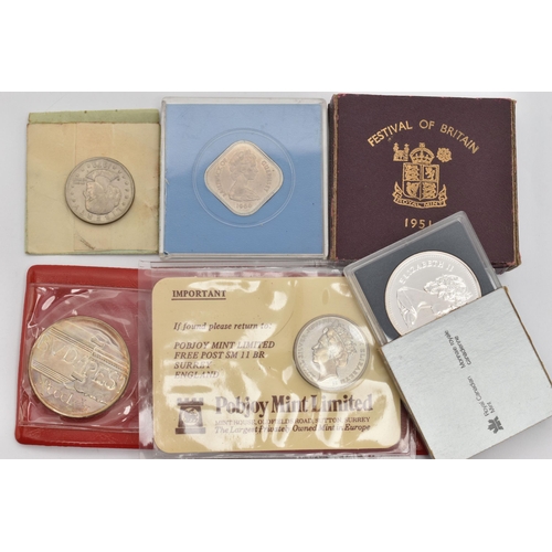 131 - A BAG OF COINS, to include a cased 'Festival Of Britain 1951 Crown' coin, a cased 'Bailiwick Of Guer... 