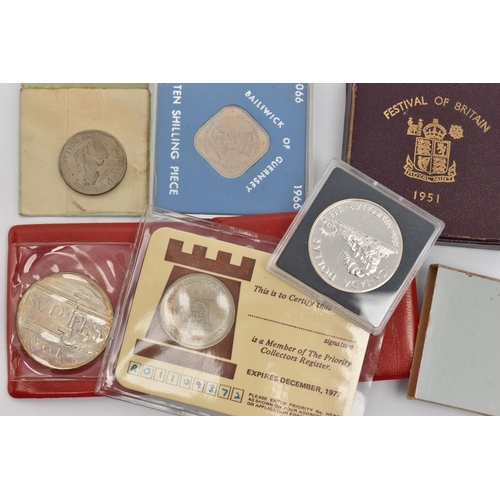 131 - A BAG OF COINS, to include a cased 'Festival Of Britain 1951 Crown' coin, a cased 'Bailiwick Of Guer... 