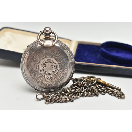 132 - A LATE VICTORIAN SILVER OPEN FACE POCKET WATCH AND ALBERT CHAIN, key wound, round white dial, Roman ... 