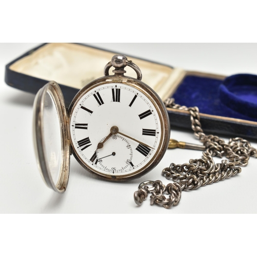 132 - A LATE VICTORIAN SILVER OPEN FACE POCKET WATCH AND ALBERT CHAIN, key wound, round white dial, Roman ... 