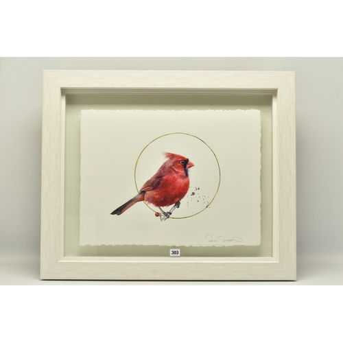 303 - SARAH STOKES (BRITISH CONTEMPORARY) 'GILDED MALE CARDINAL', a study of a red bird on a branch, encir... 