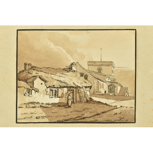 342 - A 19TH CENTURY ENGLISH SCHOOL SKETCH, depicting a female figure standing before a thatched cottage w... 