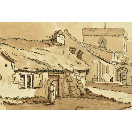 342 - A 19TH CENTURY ENGLISH SCHOOL SKETCH, depicting a female figure standing before a thatched cottage w... 