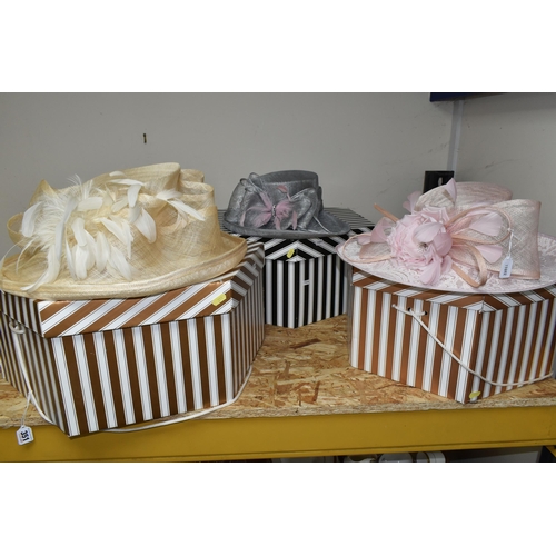 351 - THREE LADY'S SPECIAL OCCASION HATS, comprising a new and unused 'Cappelli Condici' pastel pink wide ... 