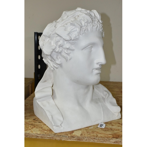 354 - A LARGE NEO-CLASSICAL WHITE PLASTER BUST, possibly Octavian Augustus, impressed marks to base 'The B... 