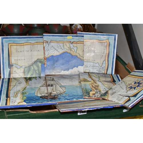 359 - TWO BOXES OF CERAMICS, TILES AND GLASS LIGHT SHADES, to include  a set of nine Spanish terracotta wa... 