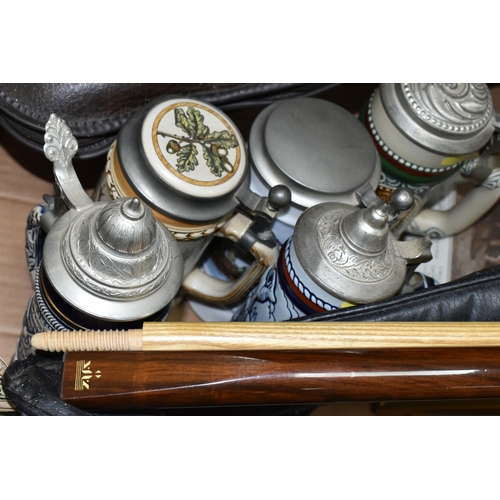 360 - TWO BOXES OF VINTAGE CAMERAS, BEER STEINS AND TWO SNOOKER CUES, to include a Zenit EM camera made in... 