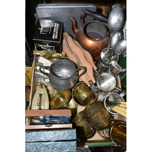 362 - ONE BOX OF METALWARE, to include a brass miner's lamp by E. Thomas & Williams Ltd. brass ornaments, ... 