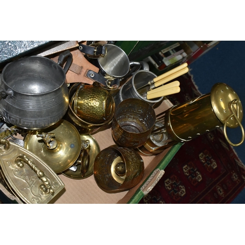 362 - ONE BOX OF METALWARE, to include a brass miner's lamp by E. Thomas & Williams Ltd. brass ornaments, ... 